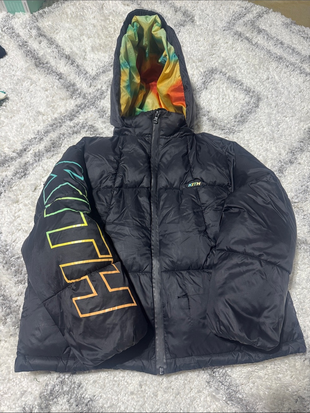 Kith Black Puffer Jacket with Rainbow Hood and Sleeve Logo medium